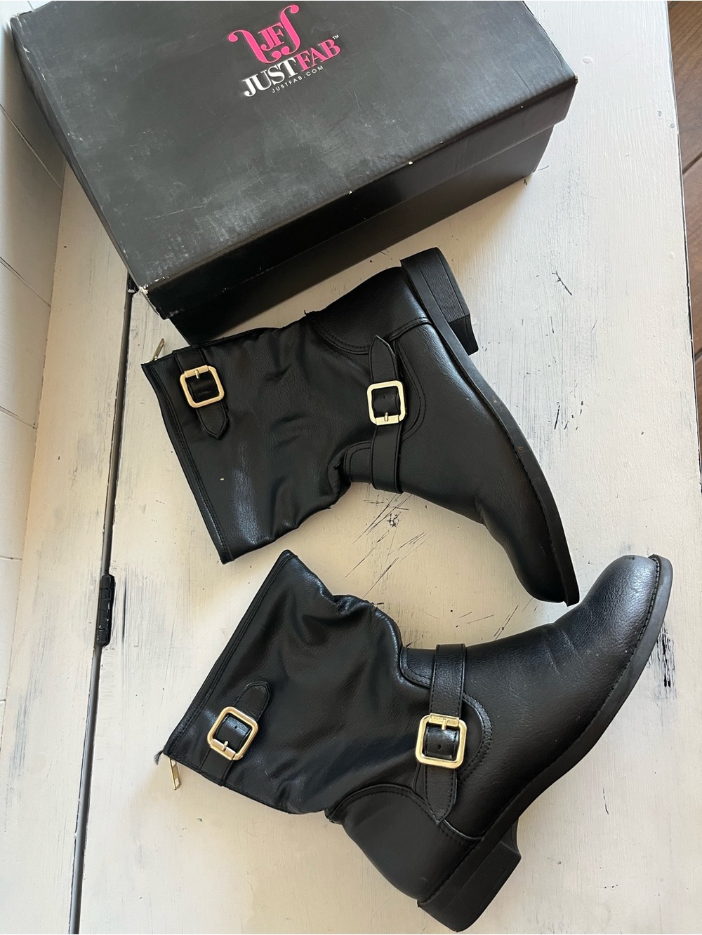 JustFab Black Ankle Buckle Boots with Gold-Tone Hardware